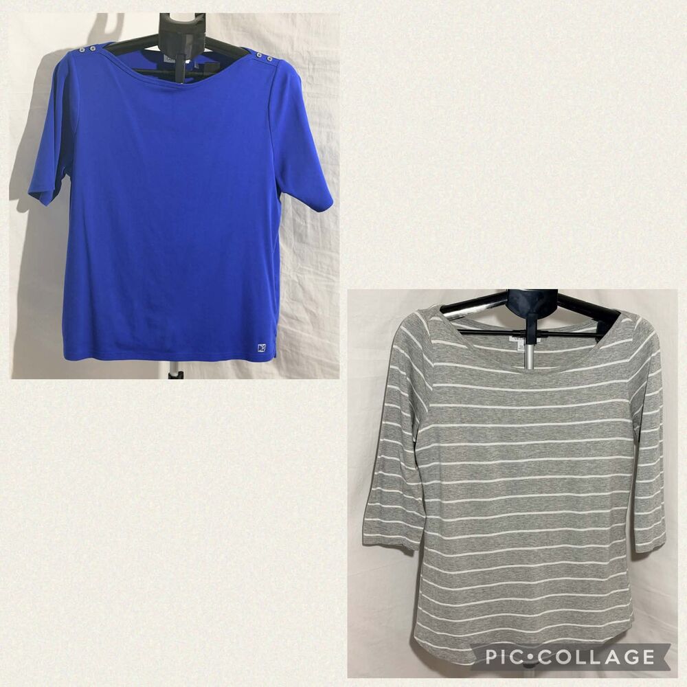 Lot of 2 Womens Large Tops Calvin Klein Boatneck & Liz Claiborne Striped 3/4 L